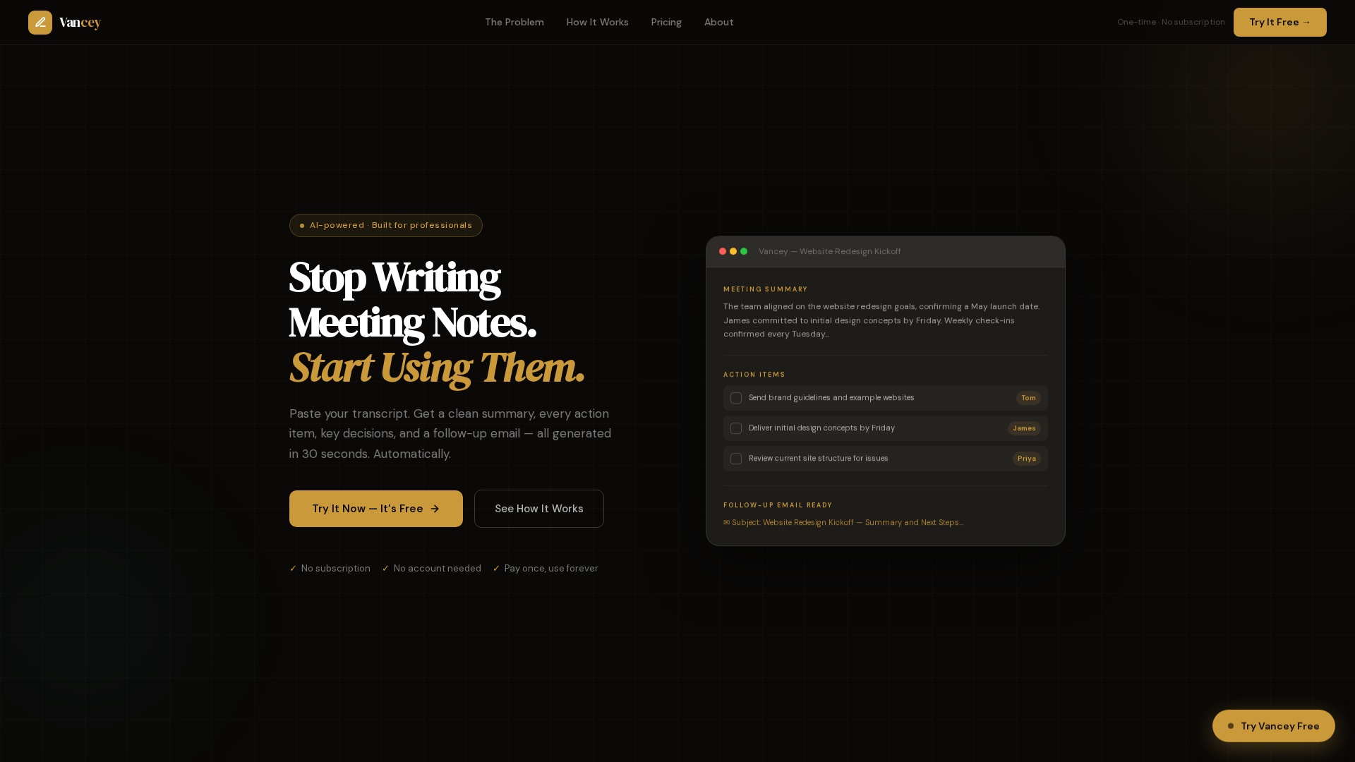 Vancey website screenshot - AI · Productivity